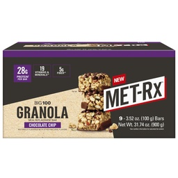 MET-Rx Big 100 Granola Protein Bar, Meal Replacement Bar, 28 G Protein, Chocolate Chip, Pack of 9