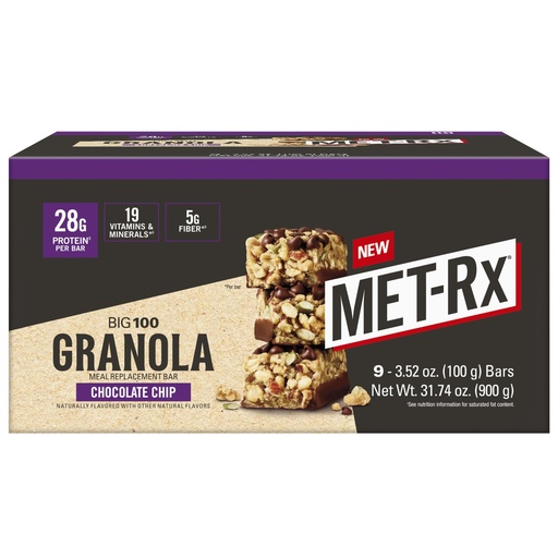 [BRSRABQEOV7RE2DK] MET-Rx Big 100 Granola Protein Bar, Meal Replacement Bar, 28 G Protein, Chocolate Chip, Pack of 9
