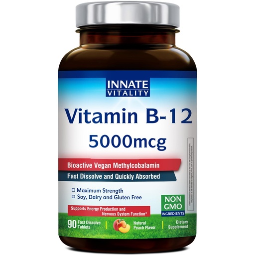 [BRSROH3QOVYWKYDD] Innate Vitality Vitamin B12 5000mcg, Sublingual, Vegan Methylcobalamin, Fast Dissolve Tablets, Natural Peach Flavor, Supports Energy Production & Healthy Nervous System, 90 Tablets