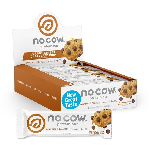 [BRSWIB36BMAWK3Q3] No Cow Vegan Protein Bars, Upgraded Peanut Butter Chocolate Chip | 20g Plant Based Protein, Gluten Free, Dairy Free, Soy Free, Keto Friendly, Low Sugar, High Fiber Snack Bars | Pack of 12