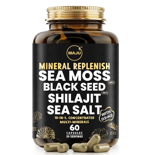 [BRSROCQ3DJ5RYDTF] Maju Superfoods 18-in-1 Sea Moss, Black Seed, Shilajit, Sea Salt + D3 & K2, Concentrated Extracts, Trace Multi Mineral Capsules, for Men & Women Mineral Electrolytes Supplements