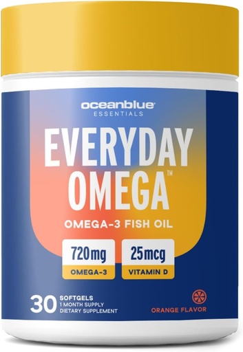 [BRSROHY3O4GRQE35] Oceanblue Omega 3 Supplement for Women | Burpless Fish Oil 720mg with Vitamin D3 | Heart Immune Support, Molecularly Distilled Orange Flavor (30 Count One a Day Omega)