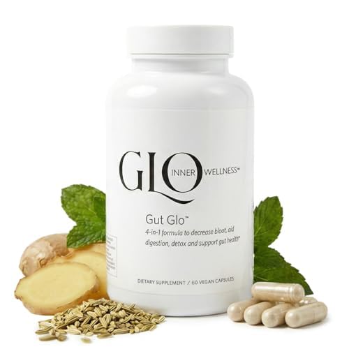 [BRSRGCYLOEIWE23F] Gut Glo Natural Bloating Relief, Gut Health, Digestion & Constipation Aid 4-in-1 Probiotic, Digestive Enzyme, Magnesium & Organic Herb Capsules - Vegan, 60 Count