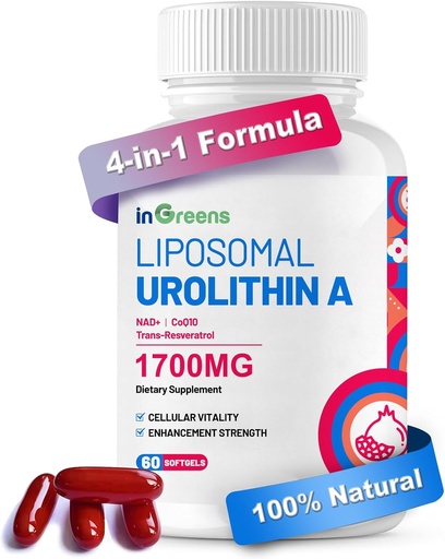 [BRSROBIHBYHRG2AU] Urolithin A Supplement 1700mg with NAD+, CoQ10, Trans-Resveratrol Supplement for Men Women, 60 Softgels for Daily Health and Antioxidant Support, Muscle Energy, Healthy Aging, Highly Bioavailable