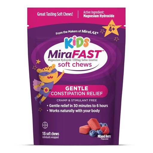 [BRSREAD7CMPGAYL7] MiraFAST Kids Soft Chews, from The Makers of MiraLAX, Gentle Constipation Relief for Kids 4+ and Adults, Fast Acting Saline Laxative, Stimulant Free Saline Laxative, Mixed Berry Flavor, 15ct