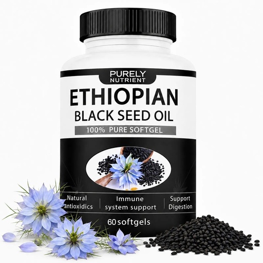 [BRSRGCAQBEHBQGTZ] Purely Nutrient Ethiopian Black Seed Oil - Cold-Pressed Nigella Sativa Seed Oil, High Thymoquinone Formula, Non-GMO, Gluten Free - 60 Count(1pc)