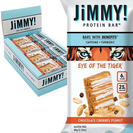 [BRSWGGIKBMBQ2E3J] JiMMYBAR! - Eye Of The Tiger Caramel Chocolate Peanut Protein Bars - 25g Protein Bar - 6g Low Sugar - 12 Count - 60g Health Bars - Functional Snack with Real Peanuts & Hand-Drizzled Chocolate