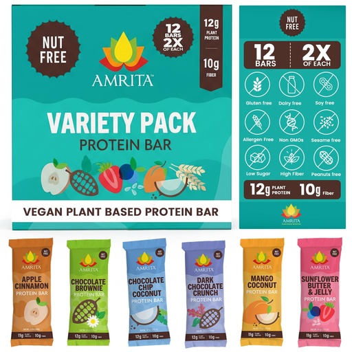 [BRSWYFL4OUMA4ETO] Amrita Nut Free Vegan Protein Bars Variety Pack (12 Bars, 6 Flavors) | 12g Plant Based Protein Bars | Peanut Free, Gluten Free, Dairy Free | Soy Free, Non-GMO | Low Sugar High Fiber
