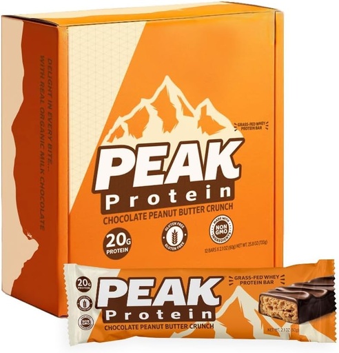 [BRSREHTRCF4A42DJ] PEAK PROTEIN BARS Grass-Fed Whey 20G Protein Gluten Free Chocolate Peanut Butter Crunch 2.2 oz (Pack of 12)