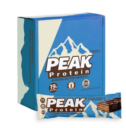 [BRSROHQEAUPWGAL4] PEAK PROTEIN BARS - Almond Butter Amaretti - Natural - Grass-Fed Whey - 19G Protein - Non-GMO - Gluten Free - Organic Milk Chocolate (12 Bars)