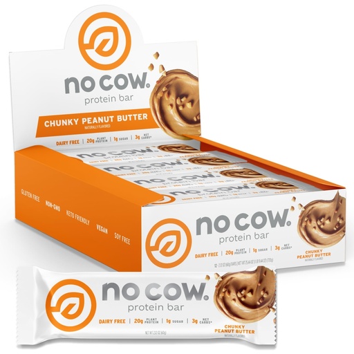 [BRSWGZI5AAHWO33V] No Cow Vegan Protein Bars, Upgraded Chunky Peanut Butter | 20g Plant Based Protein, Gluten Free, Dairy Free, Soy Free, Keto Friendly, Low Sugar, High Fiber Snack Bars | Pack of 12