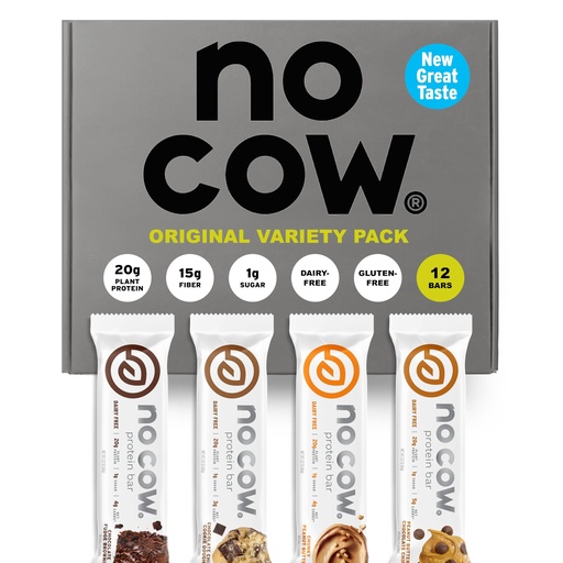 [BRSWYZQDCMARQYI2] No Cow Vegan Protein Bars, Upgraded Original Variety Pack | 20g Plant Based Protein, Gluten Free, Dairy Free, Soy Free, Keto Friendly, Low Sugar, High Fiber Snack Bars | Pack of 12