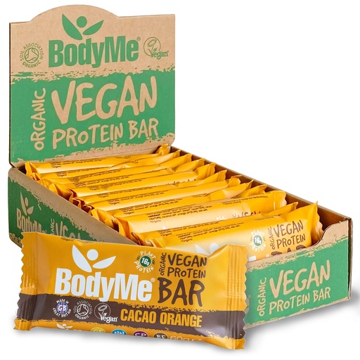 [BRSWKHQRC4DRC33E] BodyMe Organic Vegan Protein Bar | Raw Cacao Orange | Box of 12 x 60g (2.12oz) | with 3 Plant Proteins