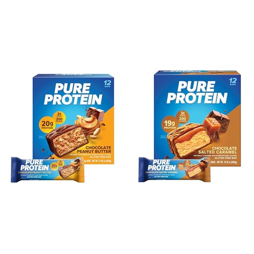 [BRSROCAFOECA4EY6] Pure Protein Chocolate Peanut Butter & Chocolate Salted Caramel Protein Bars, High Protein, Nutritious Snacks, Gluten Free, 1.76oz, 12 Count