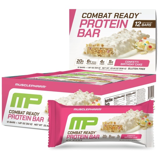 [BRSRAAQOC57RMDTU] MusclePharm Combat Ready Protein Bar, Confetti Cake High Protein Bars, Combat Cravings, Fuel Performance & Meet Energy Demands, 20g Protein from Whey Protein, 4g Fiber, Gluten Free, 12 Bars