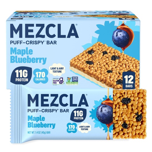 [BRSROCQTAUBQM2Y2] Mezcla Puff-Crispy Plant Based Protein Bars - Maple Blueberry - Healthy Snacks for Adults & Kids - Granola Bars for School, Travel, Office Snacks - Gluten Free, Vegan, Non GMO, 10g Protein - 12 Count