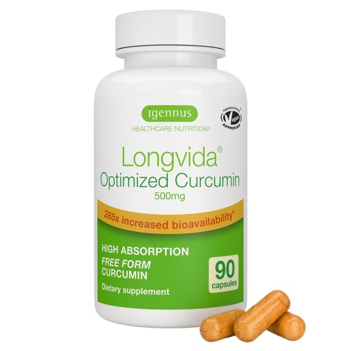 [BRSREFICOIFWEAI6] Igennus Longvida Curcumin 500mg – High Absorption ‘Free’ Curcumin, 65x Higher Plasma Levels, Sustained Release (7hr Half-Life), Brain & Cognitive Support, Vegan, 90 Capsules