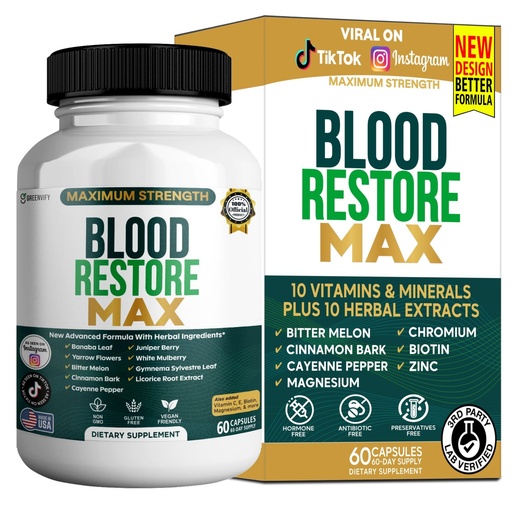 [BRSRGHT2CV7WODTO] Blood Restore Max, Dietary Supplement, 60 Capsules, Herbal Formula with Banaba Leaf, Juniper Berry, Bitter Melon (1)