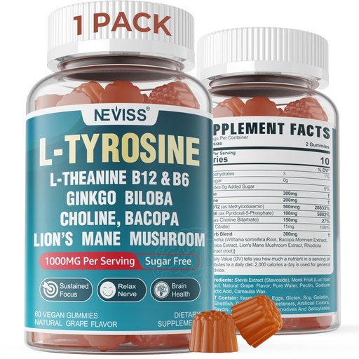 [BRSRAYLQCB5BG236] Sugar Free L-Tyrosine Gummies 300mg L-Theanine 200mg Vitamin B6 100mg & B12 500mcg, Brain Health Herbs 300mg w/Ginkgo Biloba, Rhodiola Rosea, Lion's Mane Mushroom for Sustained Focus & Energy, 1Pack