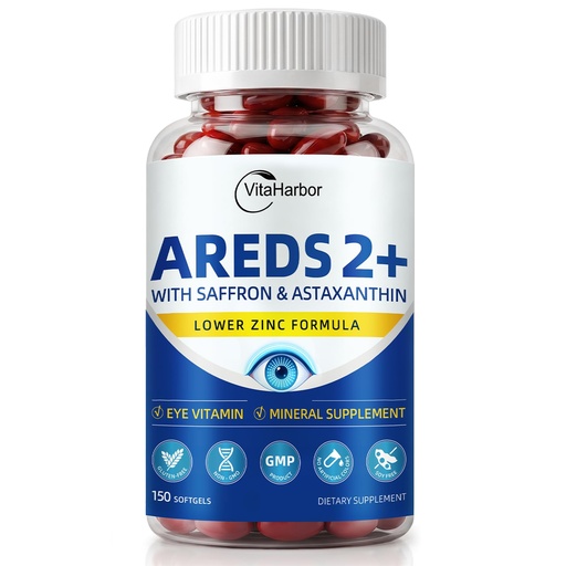 [BRSRGALRBEHBSDYV] VitaHarbor AREDS 2 Eye Vitamin & Mineral Supplement, Low Zinc Formula, with Vitamin C, Vitamin E, Zinc 25 mg, Copper, Lutein & Zeaxanthin, Eye Health Supplement for Adults, 150 Vegan Softgels
