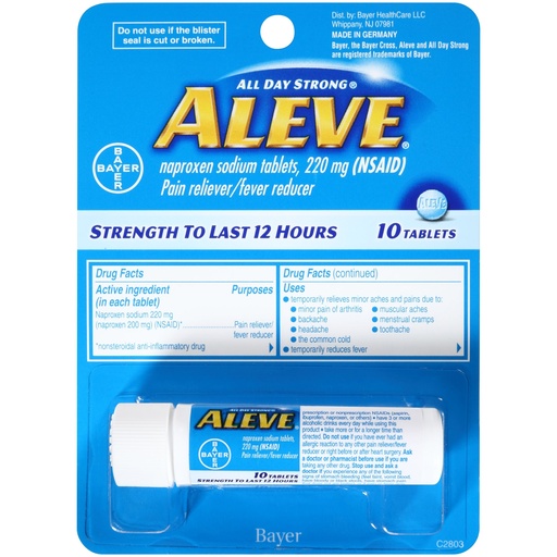 [BRSWKHQ6BQAQ2HDO] Aleve Tablets, Naproxen Sodium 220 mg (NSAID), Pain Reliever/Fever Reducer, Travel Size, 10 Count
