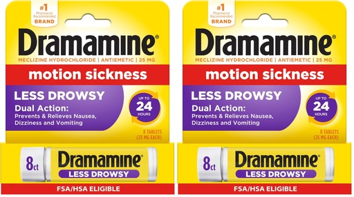 [BRSRABABOEBQ2EL4] Dramamine Motion Sickness Relief Less Drowsey Formula, 8 Count (Pack of 2)