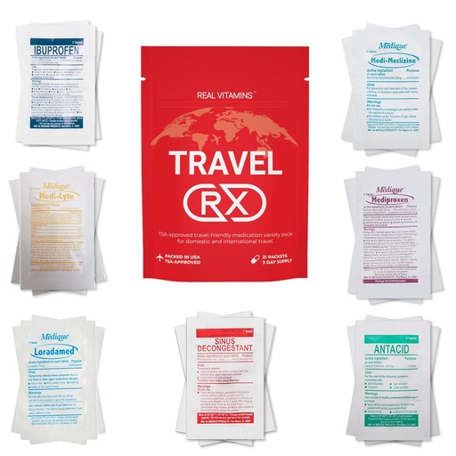 [BRSROYLRBMBG22Y7] Travel RX - 105 PCS TSA-Approved Travel Medicine Variety Pack with Resealable Bag | Travel Essential OTC Medicine Pack by Real Vitamins (5 Kits)