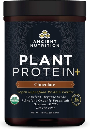 [BRSWYZ35AB5AG3Y7] Ancient Nutrition Plant Based Protein Powder, Plant Protein+, Chocolate, Organic Vegan Superfoods Supplement, 15g Protein Per Serving, Gluten Free, Paleo Friendly 12 Serving