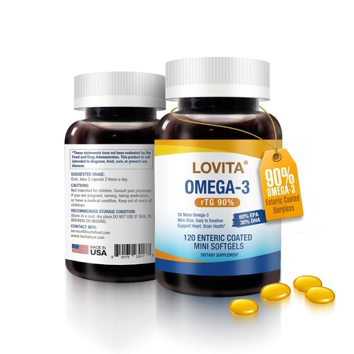 [BRSREYY5A4CAEFA2] LOVITA Omega-3 Fish Oil 2000mg Supplement for Men and Women, 120 Mini Softgels, High Absorption rTG with EPA & DHA, Burpless Enteric-Coated, Non-GMO, Supports Heart Brain Eye Health, 30 Day Supply