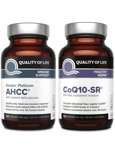 [BRSROAA6BFYBOFY3] Quality of Life AHCC Kinoko Platinum Mushroom Extract, CoQ-10 SR Sustained Release Formula - Immune Support Healthy Aging Bundle