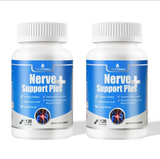 [BRSREFQYOBYW2G3B] Nerve Support Plus, 120 Capsules, with Turmeric Extract, Alpha-Lipoic Acid, B12, Vitamins and Herbal Blend， 2Pack