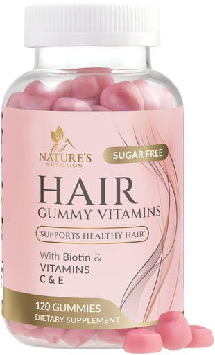 [BRSWYAIZCQPR4DTO] Hair Vitamins Gummies - Sugar Free Hair Growth Support Gummy with Biotin 5000 mcg Per Serving, Vitamin A, B12, C, D, E, Folic Acid - Supports Strong Beautiful Hair and Nails, Vegetarian - 120 Gummies