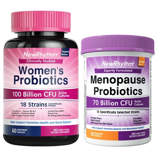 [BRSREFAECMHR4DY2] NewRhythm Women's Premium Bundle: Vaginal Health with P-5-P & Vitamin C + Menopause Relief with Botanicals, 18 Strains, 90 Capsules