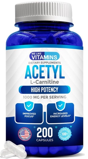 [BRSWKGYTON6Q4A3O] We Like Vitamins Acetyl L-Carnitine 1000mg Capsules - 200 Easy to Swallow Veggie Capsules - Acetyl l Carnitine Supplement Helps Support Focus, Brain Function, and Energy