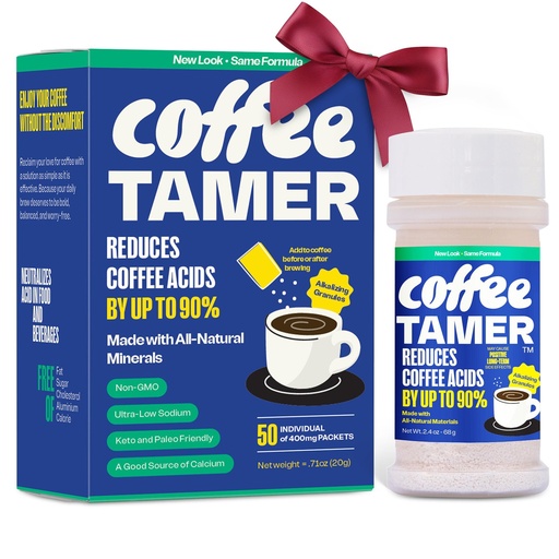 [BRSRABQ6B4CQAA35] Coffee Tamer Coffee Acid Reducing Granules 50 Pack Box and 2.4oz Shaker Bottle
