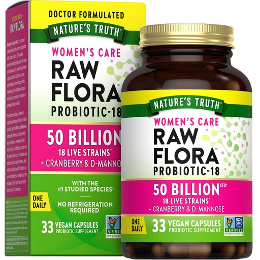 [BRSREGIKO4FB63DF] Raw Flora Probiotics for Women | 50 Billion CFU | 33 Capsules | with Cranberry and D-Mannose | Vegan, Non-GMO & Gluten Free Supplement