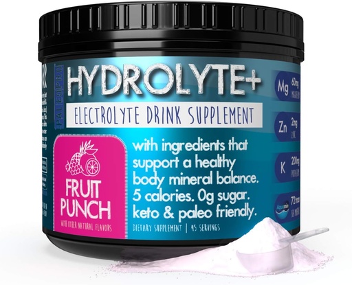 [BRSWYFDYA55ROA3Z] Paleo Pro HYDROLYTE+ Electrolyte Powder Drink Mix, Hydration Supplement, 0g Sugar, 1g Carb, Keto & Paleo Friendly, 45 Servings, No Artificial Ingredients (Fruit Punch)