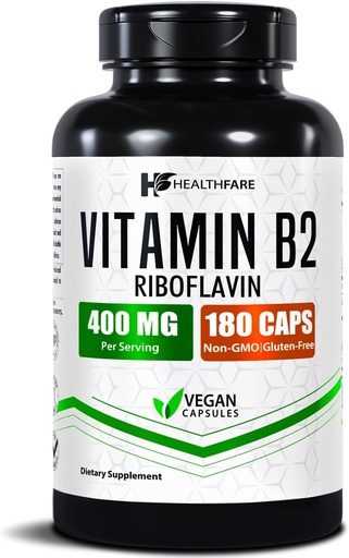 [BRSRMZI7BECBMFIV] Healthfare Vitamina B2 Riboflavin 400mg Silencio 180 Veg Capsules tención Suplemento Silencio Gluten-Free ← Non-GMO