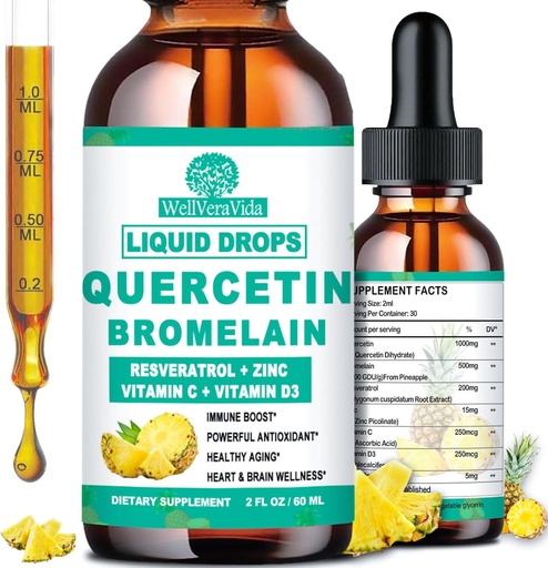 [BRSRAZL3CUNBUDLV] Quercetin with Bromelain Liquid Drops, 4X Stronger Than Capsules & Pills, 7-in-1 Organic Zinc Quercetin 1000mg with Bromelain 500mg Vitamin C D3 Immune Support for Respiratory Health & Antioxidant