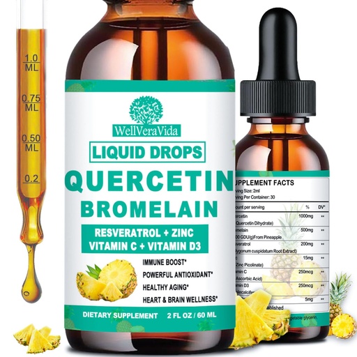 [BRSRAZL3CUNBUDLV] Quercetin with Bromelain Liquid Drops, 4X Stronger Than Capsules & Pills, 7-in-1 Organic Zinc Quercetin 1000mg with Bromelain 500mg Vitamin C D3 Immune Support for Respiratory Health & Antioxidant