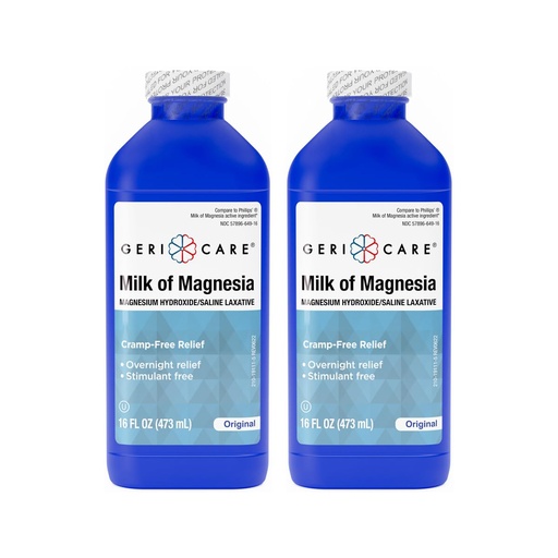 [BRSROBT7AAPQOET7] GeriCare Milk of Magnesia, Magnesium Hydroxide 1200mg | Original Flavor | Constipation Relief | Cramp-Free, Saline Laxative |16 Fl Oz (Pack of 2)