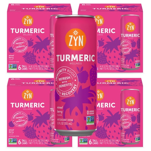 [BRSRMGQRPIARA2A2] ZYN Turmeric Wellness Drink (24 Pack), Mixed Berry Flavored Turmeric Curcumin Drink with Black Pepper, No Added Sugar, Low Carb & Low Calorie Drink, Clean Alternative
