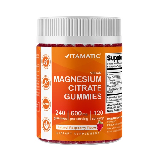 [BRSRAAA5CMPAIAI3] Vitamatic Magnesium Citrate Gummies 600mg per Serving - 240 Vegan Gummies - Natural Raspberry Flavor - High Absorption Magnesium Supplement - Supports Nerve, Bone and Muscle Health