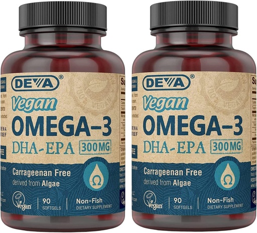 [BRSWYBL7CAFRQETG] DEVA Vegan Omega-3 DHA-EPA 300MG 2-Pack – No Carrageenan, Non-Fish Oil Derived from Algae, Non-GMO, 90 Gelatin-Free Softgels Ea
