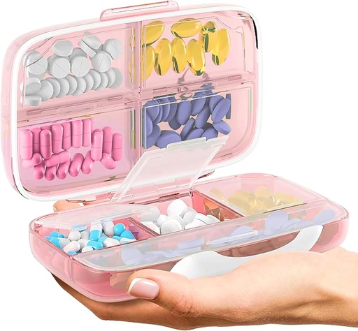 [BRSROEAZBYHGK23U] Travel Pill Organizer - Airtight Medicine Case for Traveling Portable Pharmacy Box with Labels Vitamin Container 8 Compartment Supplement Medication Holder Large Capacity Daily (Pink)