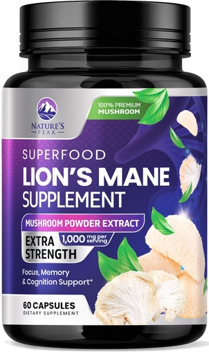 [BRSRAYIEA55RAEI6] Lions Mane Supplement Capsules - Lions Mane 1000mg Per Serving - Extra Strength Lion’s Mane Mushroom - Superfood for Natural Memory, Focus, Brain, Immune Health Support - Bottled in USA - 60 Capsules