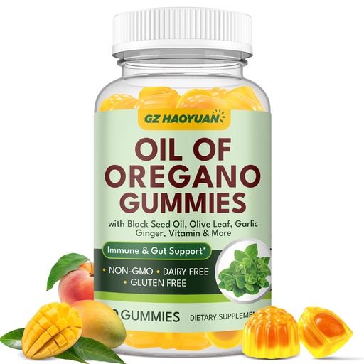 [BRSRGGI7OF7AY23K] Oil of Oregano Gummies with Black Seed Oil + Vitamin D3, Oregano Oil Organic High Carvacrol, Immune & Digestive Support, Antioxidant Support, Peach & Mango Flavor, 60 Gummies