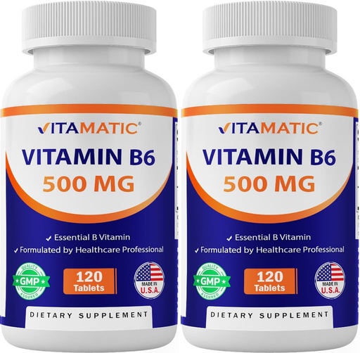 [BRSREEA5OZYBQETO] Vitamatic Vitamin B6 (Pyridoxine HCI), 500 mg – 120 Vegetarian Tablets - 2 Pack Promotes Energy Production, Boosts Metabolism & Immune Health Support