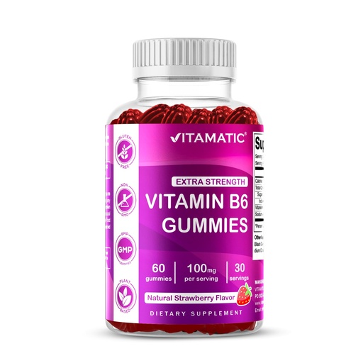 [BRSRMBAPOV5AEHYZ] Vitamatic Vitamin B6 100mg - Berry Flavor - 60 Pectin Based Gummies - Supports Nervous System