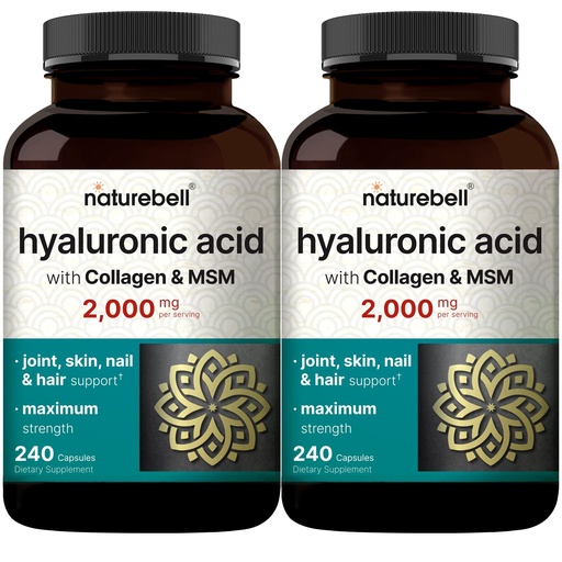 [BRSWKFAFPIGRECYZ] NatureBell 2 Pack Hyaluronic Acid Supplements 2,000 mg | 480 Total Capsules, with MSM & Hydrolyzed Bovine Collagen – 3 in 1 Support for Skin Hydration, Joint Lubrication, Hair, and Eye Health